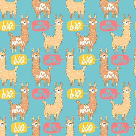 Lama. No drama. Cartoon animal. Lettering Seamless vector pattern (background, print).のイラスト素材