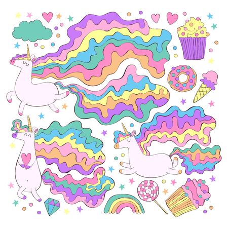 Unicorn and sweets. Donut, cupcakes, candy. Rainbow, stars, hearts. Set. Isolated vector objects on white background.のイラスト素材