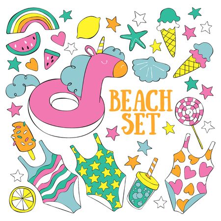 Hand drawn beach doodle set. Lettering Isolated vector objects on white background.のイラスト素材
