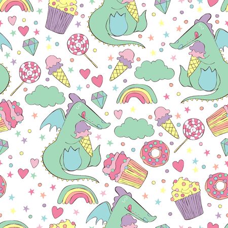 Dragon and sweets. Ice cream, cake, candy, donut. Brilliant, cloud, rainbow. Heart and stars. Seamless vector pattern (background).のイラスト素材