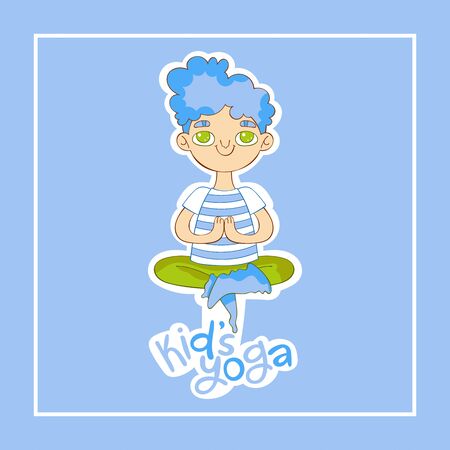 Kid's yoga. Boy Lotus position lettering. Cartoon. Isolated vector object. Blue Yoga for children and healthy lifestyle. Vector illustration.のイラスト素材