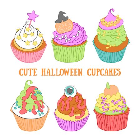 Halloween cupcakes. Cartoon sweetness. Set. Isolated vector object on a white background.のイラスト素材