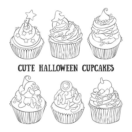 Halloween cupcakes. Cartoon sweetness. Set. Isolated vector object on a white background.のイラスト素材