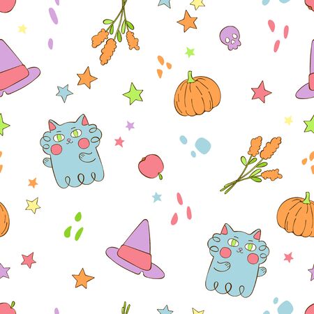Halloween print. Witch hat. Ghost cat. Pumpkin. Autumn flowers. Stars and paint splashes. Seamless vector pattern (background).のイラスト素材
