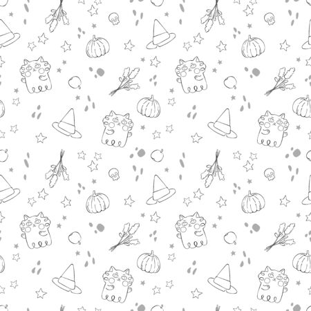 Halloween print. Witch hat. Ghost cat. Pumpkin. Autumn flowers. Stars and paint splashes. Seamless vector pattern (background).のイラスト素材