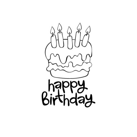 Happy birthday Lettering. Birthday cake with candles. Square frame. Isolated vector object. Card.のイラスト素材