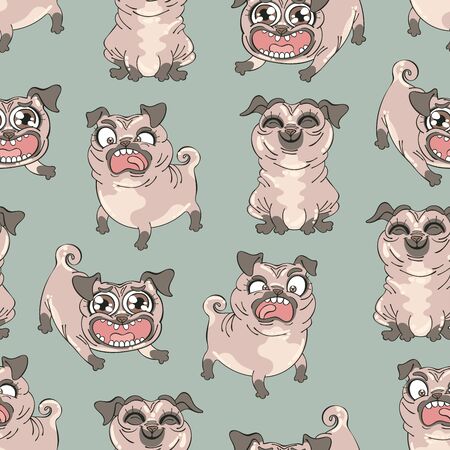 Cute puppies pugs. Seamless vector pattern (background).のイラスト素材