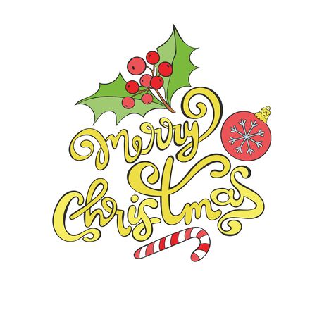 Merry Christmas. Lettering. Mistletoe. Christmas ball. Candy lollipop. Isolated vector object on a white background. Holiday card.のイラスト素材