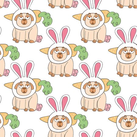 Bunny. Bunny ears. Carrot. Cute cartoon pug. Pug puppy. Cartoon animal. Seamless vector pattern (background). Funny print.のイラスト素材