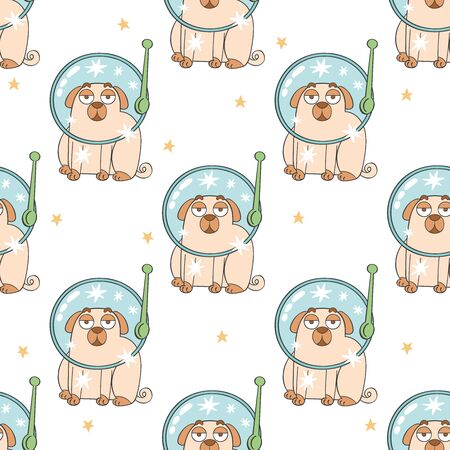 Cosmonaut. Helmet astronaut. Cute cartoon pug. Pug puppy. Cartoon animal. Seamless vector pattern (background). Funny print.のイラスト素材