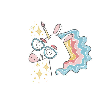 Unicorn - artist. Cartoon character. Rainbow. Isolated vector object on white background.のイラスト素材