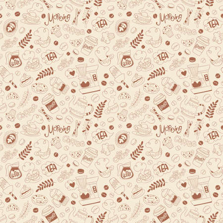 Coffee pot and coffee cup. Hot drink mug. Coffee machine. Sweet pastries: cupcake, donuts, muffin, croissant, macaroon. Lettering set. Seamless vector pattern (background).のイラスト素材