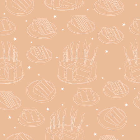 Birthday cake. Cake with candles. Piece of cake. Seamless vector pattern (background). Festive print.のイラスト素材
