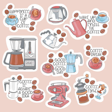 Happiness is a cup of coffee. Stickers set. Coffee theme: coffee pot, mug, cup, coffee beans. Lettering set. Isolated vector object.のイラスト素材