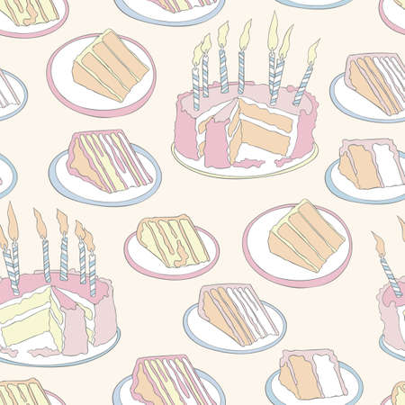 Birthday cake. Cake with candles. Piece of cake. Seamless vector pattern (background). Festive print.のイラスト素材