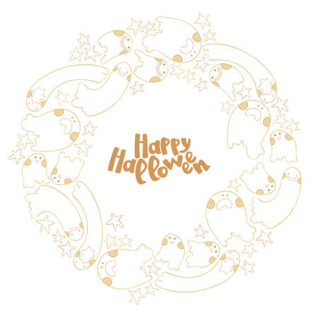 Happy Halloween. Lettering. Holiday card. Cute ghosts. Cartoon round frame - wreath. Isolated vector object on white background.のイラスト素材