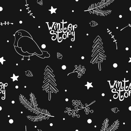 Winter story. Lettering. Bullfinch and Christmas tree. Cones and branches. Snow and stars. Rowan berries and mistletoe.のイラスト素材