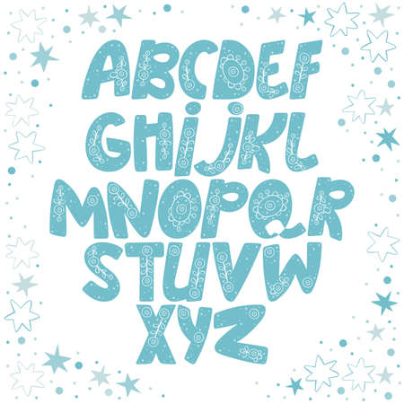 English alphabet. Paisley ornament letters. Square frame. Stars, snowflakes and dots. Isolated vector objects on white background.のイラスト素材