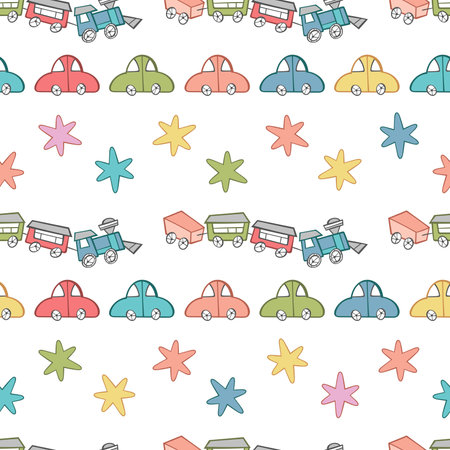 Toy train and cars. Stars. Seamless vector pattern (background). Doodle cartoon print. White background.のイラスト素材