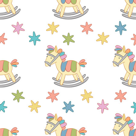 Toys. Rocking horse. Stars. Seamless vector pattern (background). Doodle cartoon print. White background.のイラスト素材