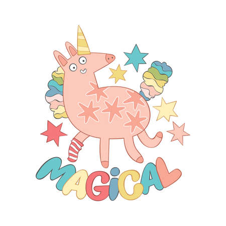 Magical. Lettering. Funny cartoon unicorn. Magic doodle animal. Isolated vector object on white background. Hearts. Card.のイラスト素材