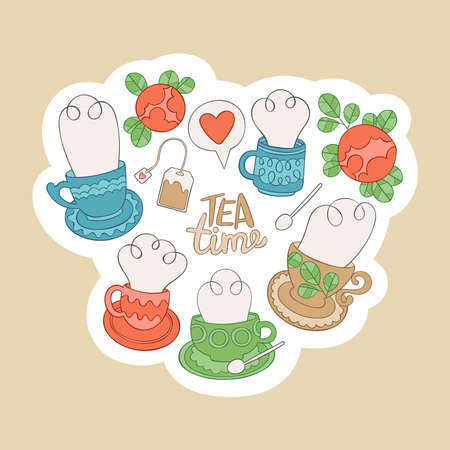 Tea theme. Lettering poster. Hot drinks cups. Tea sticker. Isolated vector object. Rose flowers and heart.のイラスト素材
