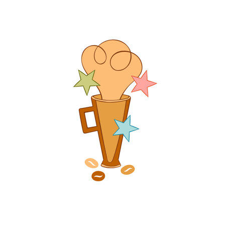 Hot drink. Coffee cup. Cartoon drink. Coffee beans. Stars. Isolated vector objects on a white background.のイラスト素材