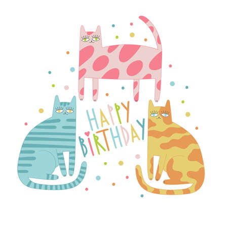 Happy Birthday. Lettering poster. Cute cartoon cat. Holiday card. colored dots - confetti.のイラスト素材