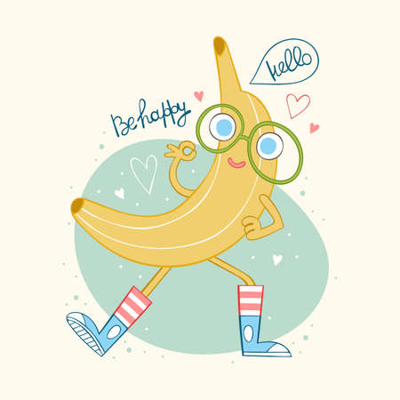 Happy cartoon banana. Crazy character with glasses. Isolated vector object. Yellow.のイラスト素材