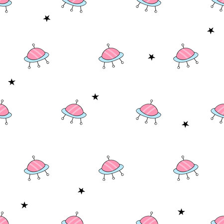 UFO. Flying saucer. Alien ship. Cartoon print. Seamless vector pattern (background).のイラスト素材