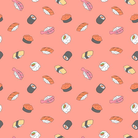 Japanese food. Sushi and rolls. Salmon, shrimp, caviar, nori seaweed, avocado, rice. Seamless vector pattern (background). Cartoon print.のイラスト素材
