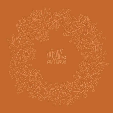 Autumn leaves, acorns, rose hips. Art. Frame border. Isolated vector object. Lettering - hello autumn.のイラスト素材