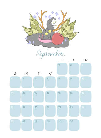 Witch hat. Calendar 2022. Month - September. Isolated vector objects on a white background.のイラスト素材