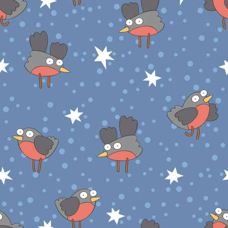 Cute cartoon bullfinches. Stars print. Seamless vector pattern (background).のイラスト素材