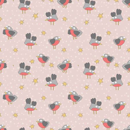 Cute cartoon bullfinches. Stars print. Seamless vector pattern (background).のイラスト素材