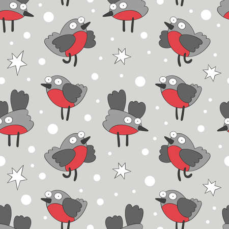 Cute cartoon bullfinches. Stars print. Seamless vector pattern (background).のイラスト素材