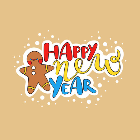 Happy New Year. Lettering poster. Gingerbread Man. Cartoon cute drawing. Isolated vector art.
