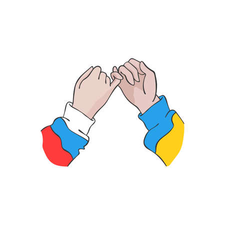 Two hands. Striped sweaters. Touch. Cartoon art. Isolated vector object on white background.のイラスト素材