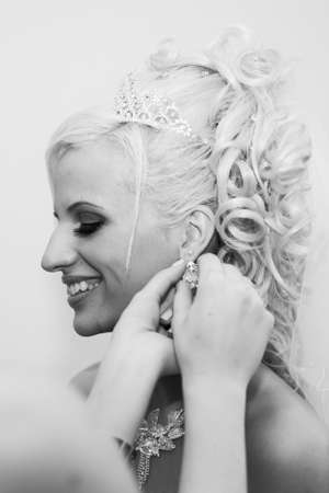 black and white close-up portrait of beautiful blonde brideの写真素材