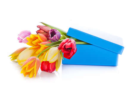Flowers and gift box isolated on whiteの写真素材