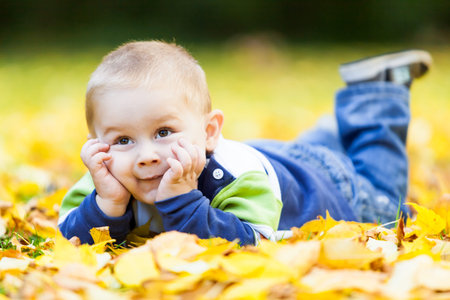 little boy lying on the yellow leaves in the autumn parkの写真素材