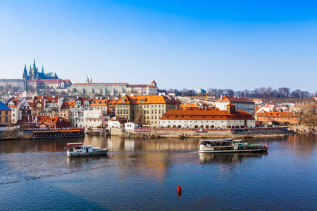 View of the Cathedral of St. Vitus, the Vltava River, Prague, Czech Republic.のeditorial素材