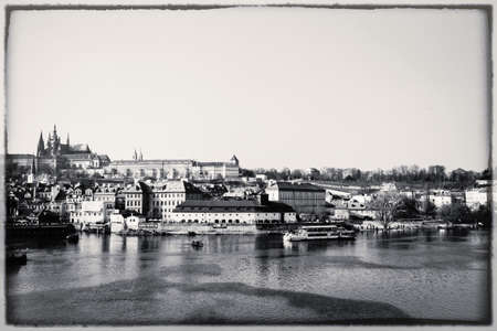 Vintage style panorama of old Prague, Czech Republicの写真素材