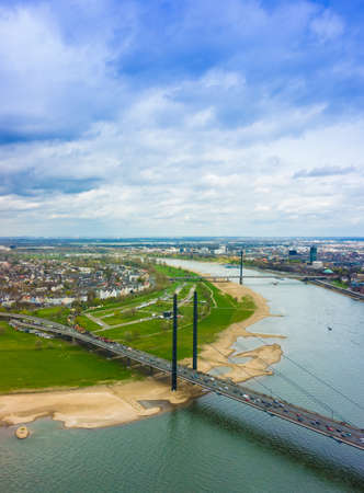 Wide angle picture of river Rhine, Duesseldorf. Seen from the television tower Rheinturm, Germany . Duesseldorf mediahafen (harbour) in Rheinland-Westphaliaの写真素材
