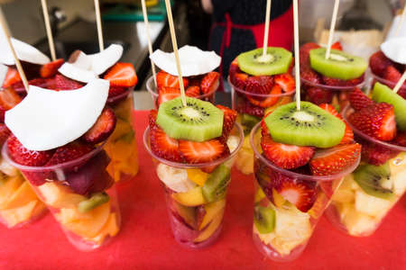 Fresh fruit salad on a market. Fruit Cocktailの写真素材