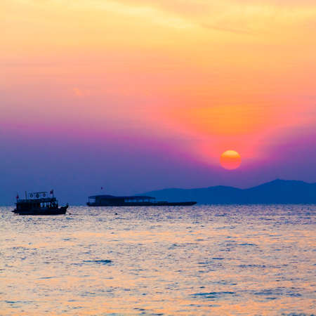 Fishing boats in sea harbor.  Night fishing for squidの写真素材