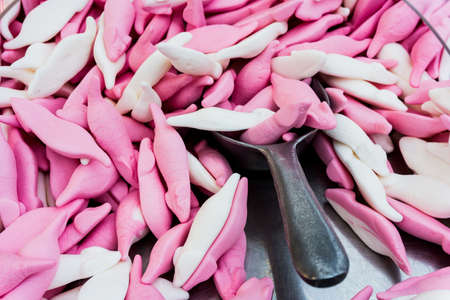 Background made of colorful sweets and candies. assortment colorful gummy candies at marketの写真素材