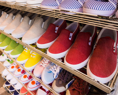 lots of  shoes on sale. Diverse shoesの写真素材