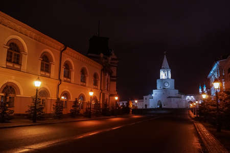 Russia. Tatarstan. Kazan. Kazan Kremlin and Illuminated Kul Sharif mosque at night. のeditorial素材