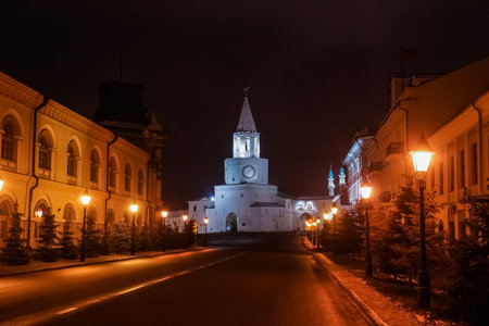 Russia. Tatarstan. Kazan. Kazan Kremlin and Illuminated Kul Sharif mosque at night. Kremlin fortress...